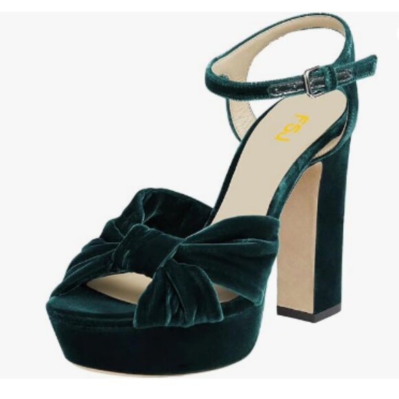 FSJ Dark Green Velvet Platform Chunky High Heel Sandal Peep Toe Ankle Strap Shoe - Picture 1 of 8